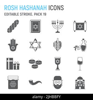 Rosh Hashanah glyph Icon Set, hanukkah collection, grafica vettoriale, illustrazioni logo, icone vettoriali Rosh Hashanah, segni ebraici, pittogrammi solidi, tratto modificabile Illustrazione Vettoriale