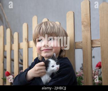 ragazzo di 4-5 anni tiene con cura nelle sue mani un piccolo gattino bianco e nero amato. giorno del gatto. Buona infanzia con un soffice animale domestico. Foto Stock