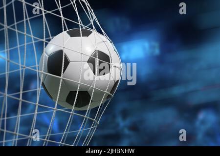 Pallone da calcio, segnando l'obiettivo e muovendo la rete. Illustrazione 3D. Foto Stock