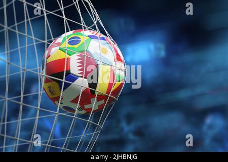 Pallone da calcio con bandiere del campionato del mondo che segnano la meta e spostano la rete. 3D illustrazione. Foto Stock