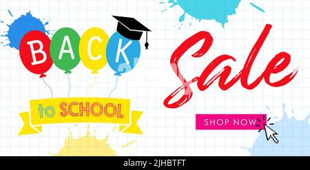 Back to School VENDITA banner pubblicitario creativo concetto. Sfondo della scuola con testo in stile disegnato a mano. Modello grafico astratto isolato. Nota Illustrazione Vettoriale