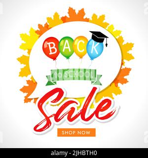 Back to School Vendita icona o banner concetto. Foglie di acero, cappello accademico e 3D palloncini. Background scolastico con dialogue cloud. Grafico astratto isolato Illustrazione Vettoriale