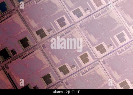 Wafer di silicio con microchip utilizzati nell'elettronica per la fabbricazione di circuiti integrati. Macro full-frame high-tech. Foto Stock