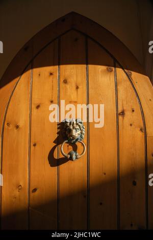 Maniglia a bussare con la porta in ottone affisa sul lato del leone sulla porta in legno Foto Stock