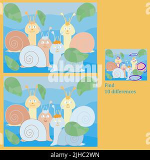il rebus per bambini fino a 6 anni trova 10 differenze nel quadro con le lumache Illustrazione Vettoriale
