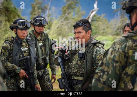 Waimanalo, Stati Uniti. 15th luglio 2022. Isai Fernandez, centro, assegnato a Mexican Marine 8th Brigade, durante un addestramento delle operazioni anfibie con il corpo Marino degli Stati Uniti parte del Rim of the Pacific Esercies a Bellows Beach 15 luglio 2022 in Bellows Air Force Station, Hawaii. Credit: MCS Leon Vonguyen/U.S. Navy/Alamy Live News Foto Stock