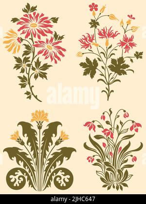 Un set di disegni vettoriali floreali di fiori selvatici in stile Art Nouveau. Illustrazione Vettoriale