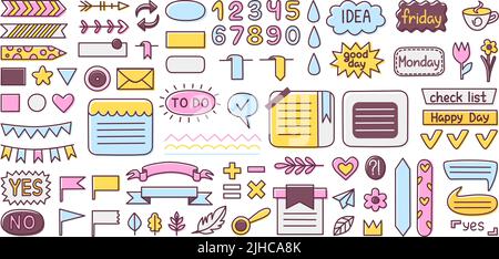 Adesivi bullet journal. Calendario pianificatore quotidiano e diario doodle elementi piatti. Girly viaggio pianificazione, carta carino note nastri di memoria e neoterico Illustrazione Vettoriale