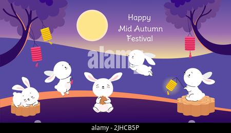 Banner festival di metà autunno. Conigli avventura creativa, conigli asiatici e biscotti. Carino coniglietto festivo che guarda su torta di luna con lanterna cinese Illustrazione Vettoriale