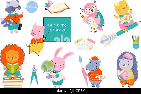 Animale carino torna a scuola per studiare. Gli animali intelligenti scrivono, leggono il libro e disegnano. Cartone animato maiale alla lavagna, divertente studenti oggi vettore Illustrazione Vettoriale