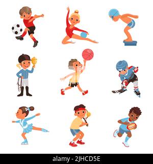 Sport bambini. Piccoli atleti carini. I ragazzi e le ragazze tengono gli accessori. Sportivi con bastoni e racchette. Palline o club. Attività per bambini. Tennis o. Illustrazione Vettoriale