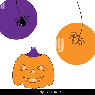 Una zucca arancione di Halloween con occhi luminosi e due ragni contro un punto arancione e viola. Design piatto. Adatto per poster, inviti, cartoline Illustrazione Vettoriale