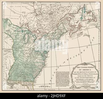 Mappa degli Stati Uniti d'America con i possedimenti britannici del Canada, Nuova Scozia, &C di Terranova 1783. Titolo originale: Mappa degli Stati Uniti d'America con i possedimenti britannici del Canada, Nuova Scozia, &C di Terranova 1783. Insieme al Trattato di Parigi, il Trattato di Versailles fu uno dei documenti che ufficialmente concluse la Guerra d'indipendenza americana e coinvolse altre nazioni oltre alla Gran Bretagna e agli Stati Uniti. Il nome della nuova nazione fu riconosciuto come gli Stati Uniti d'America. Foto Stock