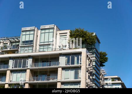 Piano superiore unità di condominio con giardino panoramico nel villaggio su False Creek, Vancouver, British Columbia, Canada Foto Stock