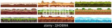 Illustrazione del vettore del set a livello del suolo. Cartoon superficie paesaggio diagramma con diversi strati di suolo e rocce, vulcano, ghiaccio e verde erba vegetazione isolata su bianco. Interfaccia utente del gioco, concetto di natura Illustrazione Vettoriale