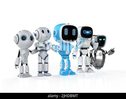 3d gruppo di rendering di assistenti robotici blu o robot di intelligenza artificiale Foto Stock