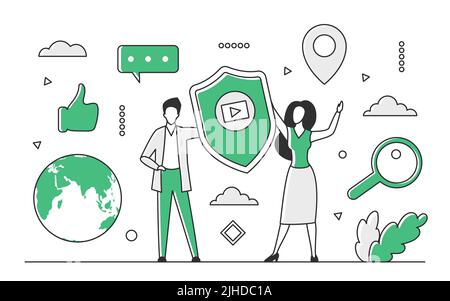 Politica di sicurezza dei contenuti dei social media. Illustrazione monocolore vettore di protezione degli utenti e dell'intrattenimento Illustrazione Vettoriale
