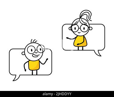 L'uomo e la donna sono sguardi dalle bolle di chiacchierata e parlano a vicenda. Comunicazione e concetto di social media. Illustrazione dello stock vettoriale. Illustrazione Vettoriale