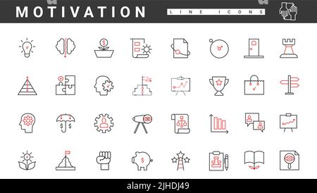 Motivazione per il progresso e il successo del lavoro icone sottili di linea rossa e nera Imposta illustrazione vettoriale. Astratto leader competenze, missione e coraggio, visionario, ambizione e talento per progredire nella carriera Illustrazione Vettoriale