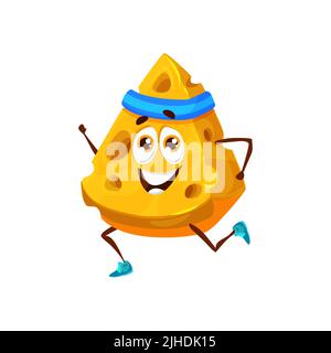 Cartoon running cheese carattere, cibo su sport e fitness, vettore bambini personage. Divertente e carino pezzo di formaggio con buchi sul jogging sportivo o sulla maratona atletica corsa Illustrazione Vettoriale