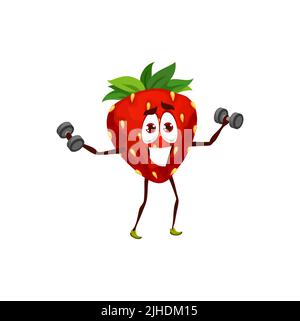 Cartone animato fragola con manubri, divertente bacca in palestra o sullo sport, vettore bambini carattere. Carino fragola su atletica di allenamento con manubri bodybuilding, personage cibo sano Illustrazione Vettoriale