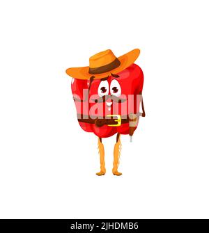 Personaggio cowboy con peperone cartoon. Divertente ranger vettoriale di verdure indossare cappello, cintura e stivali. Paprika fresco veggies horseman, isolato selvaggio West fantasy cibo sano, vitamina amichevole Illustrazione Vettoriale