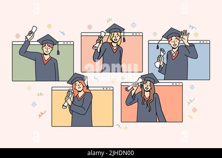 Gli studenti felici in mantelli celebrano la laurea con lo studio online. I laureati sorridenti sono entusiasti della conclusione dell'università. Concetto di istruzione remota. Illustrazione vettoriale. Illustrazione Vettoriale