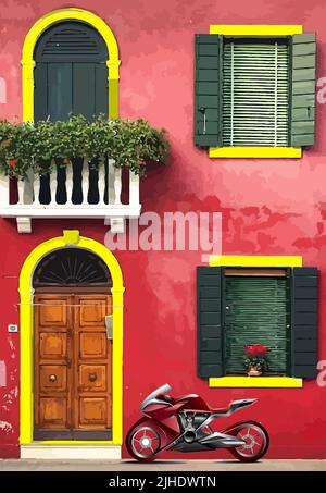 Vecchia facciata italiana rossa con moto vicino al muro. illustrazione vettoriale a 3d colori Illustrazione Vettoriale