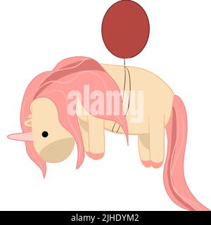 chubby simpatico unicorno con una verdeggiante criniera vola su una mongolfiera Illustrazione Vettoriale