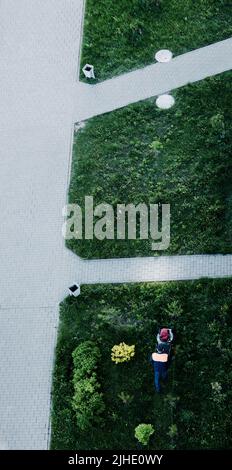 Tosaerba grande per taglio erba verde. Immagine aerea dall'alto verso il basso. Foto Stock