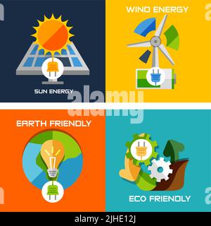 Set di design piatto concetti - energia verde. Pannelli solari, mulino a vento, batteria, lampadina, natura concetto della macchina Illustrazione Vettoriale