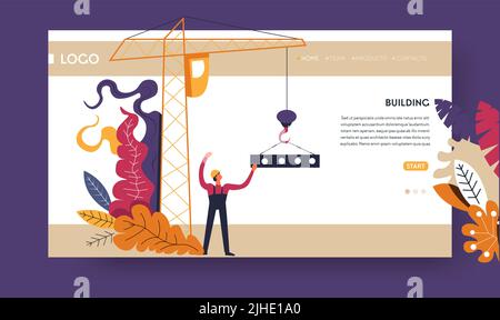 Costruzione industria costruzione processo on-line pagina web modello vettore calcestruzzo casa Illustrazione Vettoriale