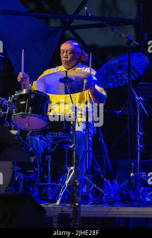 Roma, Italia. 11th luglio 2022. (7/11/2022) Concerto della leggendaria jazz band alla Casa del Jazz di Roma. LAN Doky - piano, Billy Cobham - batteria, Bill Evans - Sax, Randy Brecker - Trump, Linley Marthe - basso (Foto di Claudio Enea/Pacific Press/Sipa USA) Credit: Sipa USA/Alamy Live News Foto Stock