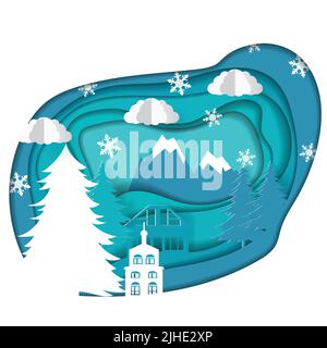 Carta vettoriale art. Modello di illustrazione di Natale per biglietto di auguri, calendario o ecc paesaggio invernale con cervi e montagne Illustrazione Vettoriale