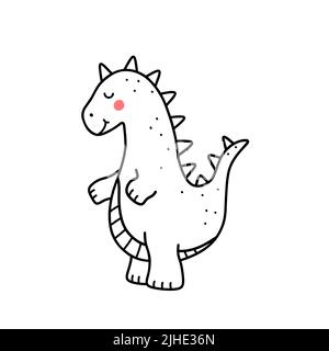 Carino dinosauro sorridente isolato su sfondo bianco. Illustrazione vettoriale disegnata a mano in stile doodle. Perfetto per carte, logo, decorazioni. Personaggio cartoon. Illustrazione Vettoriale