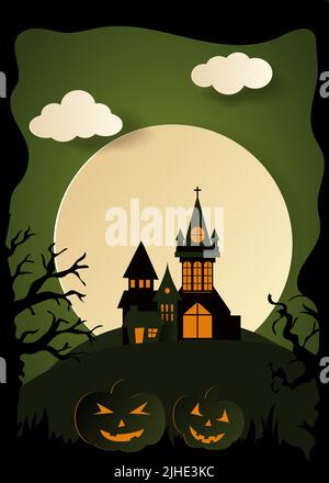 Cimitero di design. Felice Halloween carta arte stile. Illustrazione del taglio vettoriale Illustrazione Vettoriale