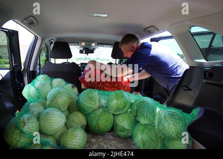 KREMENCHUK, UCRAINA - 16 LUGLIO 2022 - Un uomo carica sacchi di verdure in una macchina per consegnarli alla prima linea come più di 10 imprese locali h Foto Stock