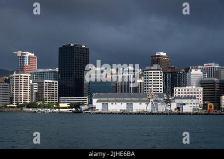 Edifici cittadini sul lungomare, Wellington, Isola del Nord, Nuova Zelanda Foto Stock