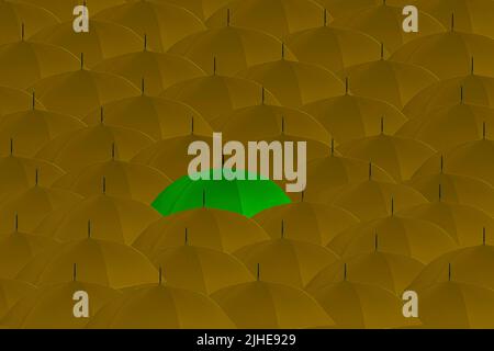 distinguiti dalla folla dispari una fuori concetto folla di ombrelloni gialli un ombrello verde che si distingue Foto Stock