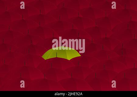 distinguiti dalla folla dispari uno fuori concetto folla di ombrelloni rossi un ombrello giallo che si distingue Foto Stock