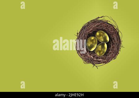 Nido uova uovo pensione pot concetto oro uova d'oro con IRA 401K e risparmio stampato sfondo verde colorato goffrato Foto Stock