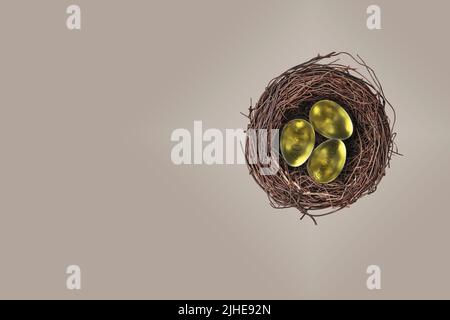 Nido uova uovo pensione pot concetto oro uova d'oro con IRA 401K e risparmio stampato sfondo grigio colorato goffrato Foto Stock
