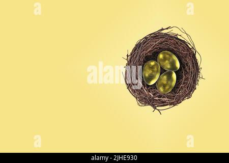 Nido uova uovo pensione pot concetto oro uova d'oro con IRA 401K e risparmio stampato sfondo giallo colorato goffrato Foto Stock