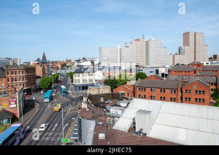 Guarda Lower Parliament Street a Nottingham, catturato dal tetto di Confetti, Nottinghamshire Inghilterra UK Foto Stock