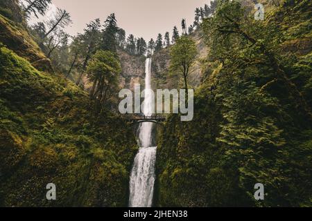 Una bella vista di una cascata che scorre lungo una scogliera enorme sopra un ponte nei Giardini Giapponesi in Oregon Foto Stock