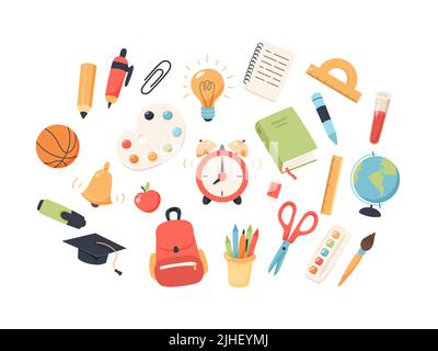 Torna a scuola raccolta di forniture per bambini. Simpatica illustrazione vettoriale colorata in stile cartoon piatto Illustrazione Vettoriale