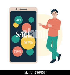 Vendita di pubblicità sul telefono cellulare. Uomo in piedi e puntato sul grande schermo dello smartphone. Display del cellulare con testo Vendita, percentuali. Illustrazione vettoriale piatta Illustrazione Vettoriale