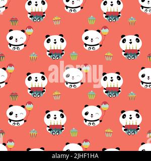 Kawaii panda felice compleanno vettore senza cuciture pattern sfondo. Sfondo carino con ridenti orsi cartoni animati che tengono torte, palloncini, cupcake. Luminoso Illustrazione Vettoriale