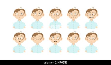 Una serie di disegni di un uomo cartoon in occhiali con diverse emozioni sul suo volto. Stile Doodle Illustrazione Vettoriale