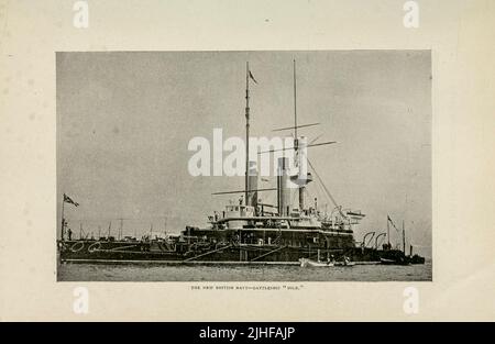 La New British Navy Battleship HMS Nile 1888 fu una delle due corazzate in ferro di classe Trafalgar costruite per la Royal Navy nel 1880s. Le consegne tardive delle sue armi principali hanno ritardato la sua messa in funzione fino al 1891 e ha trascorso la maggior parte del decennio con la flotta mediterranea. Il Nilo tornò a casa nel 1898 e divenne la nave della guardia costiera a Devonport per cinque anni prima di essere posta in riserva nel 1903. La nave fu venduta per rottami nel 1912 e demolita a Swansea, Galles. Da un articolo 'NAVI DELLA NUOVA MARINA BRITANNICA' di W. Laird Clotvcs della Factory and industrial management Magazine Volume 6 1 Foto Stock